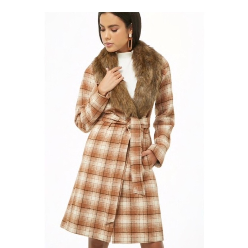 FOREVER 21 BNWOT Cream Brown Plaid Wool Coat Sz XS